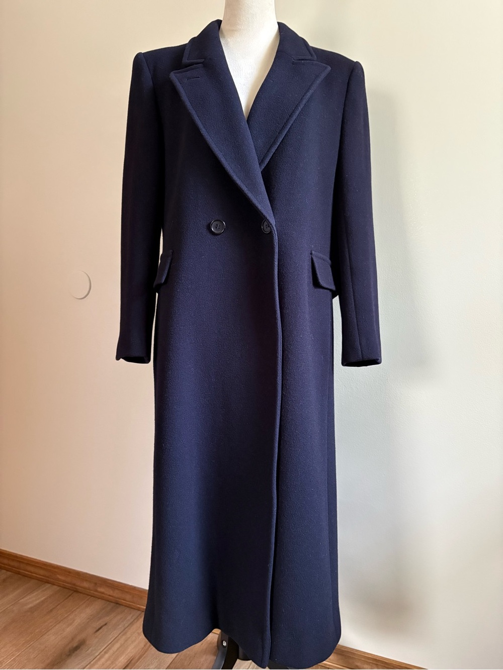 Vintage Evan Picone 100% Pure Wool Heavy Double Breasted Long Coat Navy Blue